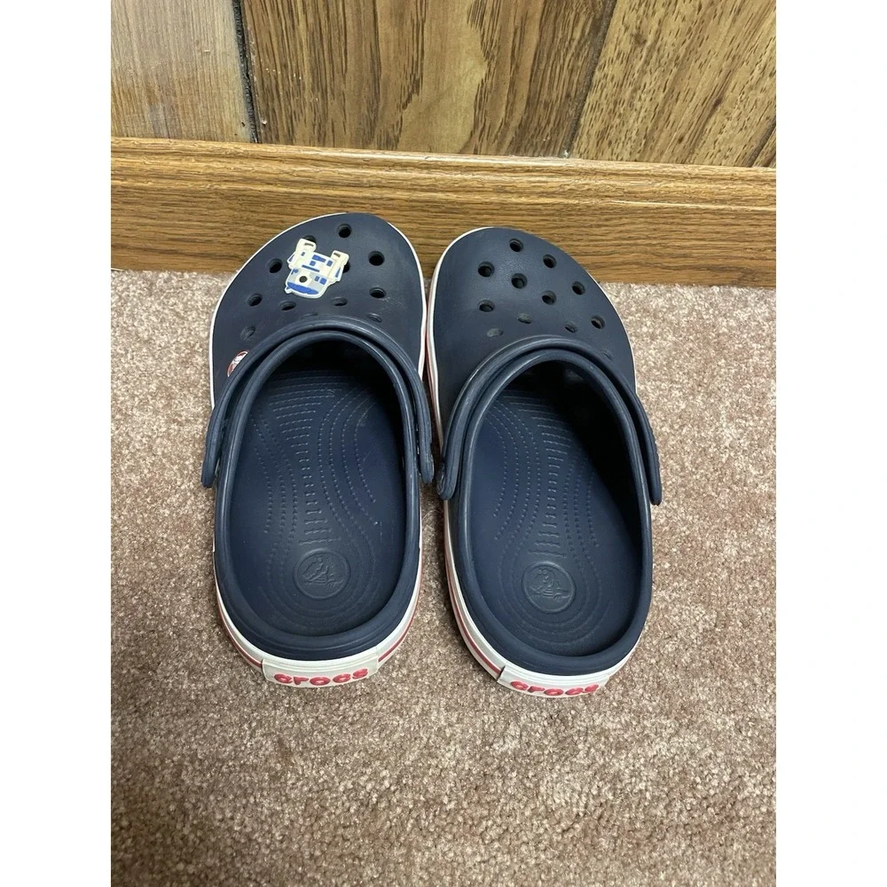 Crocs Classic Clog Shoe Kids Juniors 3 Navy Blue Red Strip Slip On R2D2 Charm‎